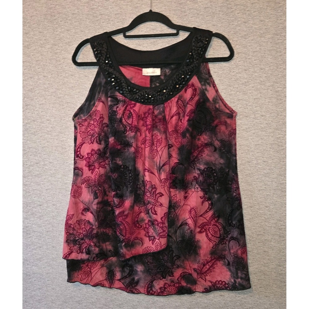 Dressbarn Sleeveless Flocked Floral Blouse Women's Size 1X Red Beaded Flowy Top